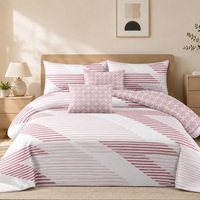 Vente en gros d'usine, ensemble de draps de lit 6 pièces en coton poly rayé rose, 250TC, Queen King, OEM ODM