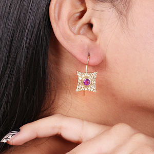 Belle boucle d'oreille améthyste plaqué or boucle d'oreille en laiton boucles d'oreilles faites à la main Designer Drops - Product Image 3