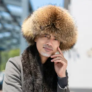 Chapeau de trappeur Ushanka d'hiver de style russe pour hommes Chapeau en cuir véritable coupe-vent Aviator Raccoon <span class=keywords><strong>Fox</strong></span> Hats With Fur Ear Flap - Product Image 1
