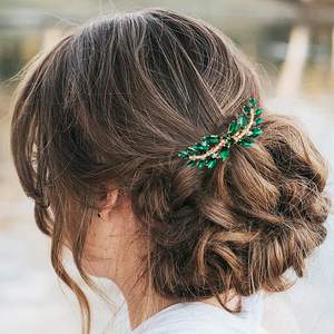 Peine de pelo de boda de cristal verde esmeralda de primera calidad, accesorios de pasador de pieza de pelo nupcial de aleación de plástico para mujeres y niñas para fiestas - Product Image 6