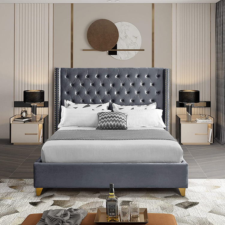 ODM/OEM Luxury Modern Queen King Bed Frame Velvet Gold Nai head Trim Upholstered Wing Designed Bed with Deep Detailed Tufting