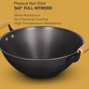 Juego de <span class=keywords><strong>Wok</strong></span> de Hierro Fino con Nitruración Profunda, Mango de Madera Ecológico, Exterior Pulido, Capacidad de 3-4L para Cocina - Product Image 3