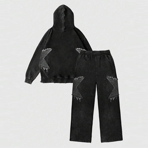 Conjunto de Sudadera con Capucha y Pantalones Deportivos con Cordón, Personalizado con Logotipo, Negro, Sin Forro, de Algodón y Poliéster, con Parche de Estrella, Estilo Vintage Lavado al Ácido - Product Image 2