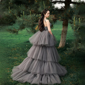 Gray Tulle Ball Gown Halter Neckline Natural Waistline Long Train Wedding Dress For Couple Photography Forest Style - Product Image 4