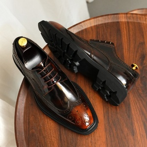 Genuine Leather Lace-up Brogue <b>Shoes</b> <b>Men</b> Cowhide Lining British Carved Business Casual Thick-Soled Rubber Midsole - Product Image 1