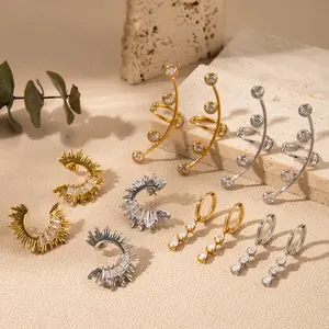Jachon 2024 Fashion New Design Drop Fringe C-shape Stainless Steel Diamond Clip Earring For Women