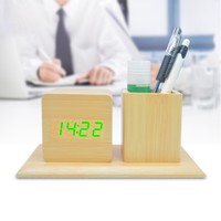 Horloge numérique de table avec porte-stylo et porte-crayon, affichage LED de la date et de la température, activation vocale, luminosité réglable, pour enfants et amis