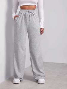 Pantalon de survêtement gris en coton pour femme, taille haute, coupe large, avec cordon de serrage, décontracté, ample, longueur intégrale, couleur unie - Product Image 3