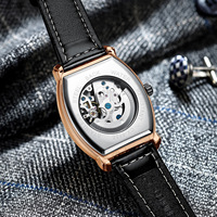 Montre mécanique squelette tonneau de luxe pour homme en or rose avec bracelet en cuir véritable, montre automatique haut de gamme pour le sport et les affaires