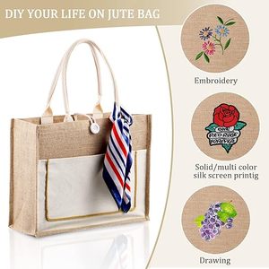 Sac fourre-tout en toile de jute réutilisable, grand format, multi-poches, avec poignées, pour courses, plage, pique-nique, cadeaux - Product Image 2