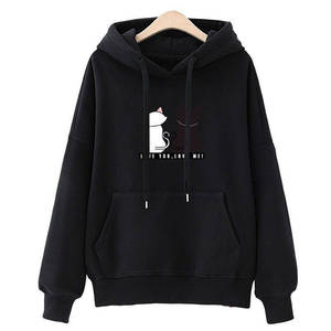 Felpa con Cappuccio da Donna Autunnale, Casual, Tinta Unita con Stampa di <span class=keywords><strong>Gatto</strong></span>, in Cotone, Foderata, Streetwear, Top Caldo per Signore - Product Image 3