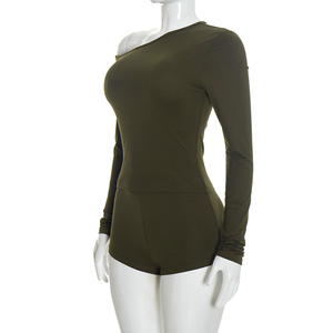Viviblook D26ST371 Casual Sexy <b>Women</b> Solid Color Slash Shoulder <b>Long</b> Sleeved Top Tight Fitting Slimming <b>Shorts</b> Set - Product Image 4
