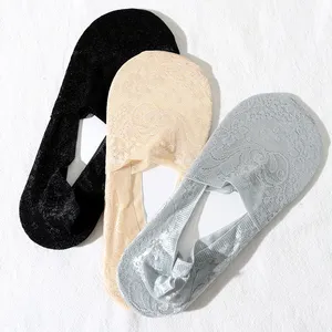3 pairs pack lady solid color comfortable summer thin breathable silicone non -slip invisible lace sheer socks for women