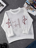 Suéter de punto calado transpirable blanco para mujer, cuello redondo, manga larga, estampado de estrellas número 15, jersey casual hueco para primavera