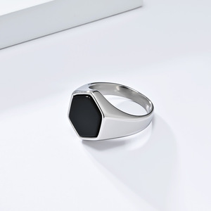 Stylish, minimalist geometric hexagonal stamp-shaped <b>black</b> stone <b>titanium</b> steel <b>ring</b>, simple and high-end jewelry. - Product Image 4