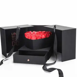 奢华定制硬式抽屉展示心盒浪漫玫瑰花型配丝质手柄