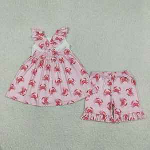 En stock, recién llegado: Conjunto de ropa de verano sin espalda con diseño de cangrejo para bebés y niñas pequeñas, venta al por mayor, ropa linda de boutique para bebés y niños. - Product Image 4