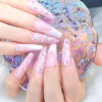 Faux ongles à presser en ABS, forme cercueil longue, avec motifs French Manucure, cœurs blancs scintillants, couleur nude, pour la Saint-Valentin