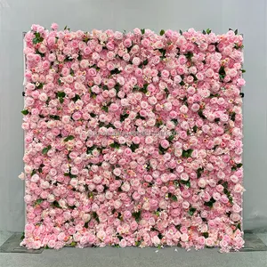 Sunwedding seda 3D Pared de flores artificiales para decoración de boda tela trasera enrollable Pared de flores de rosas rojas