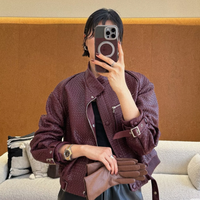 Blouson Bomber Femme Vintage Automne en Cuir Véritable à Carreaux, Ourlet Côtelé, Tissé à la Main, Style Décontracté
