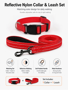 Reflective Nylon Dog <b>Collar</b> and <b>Leash</b> Set Adjustable <b>Pet</b> Lead Padded Handle Metal Hardware for Daily Walking - Product Image 4