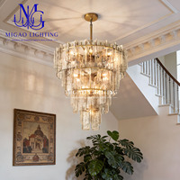 Lustre Rond en Verre Artistique Martelé Superposé Style Médiéval Français, Luxe Léger pour Villa, Salon et Hall à Plafond Haut