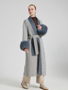 QC25009 Giacca <span class=keywords><strong>Lunga</strong></span> in Lana di Lusso da Donna, Stile Vintage Traspirante con Cintura e Vera <span class=keywords><strong>Pelliccia</strong></span> di Volpe, Moda Invernale - Product Image 3