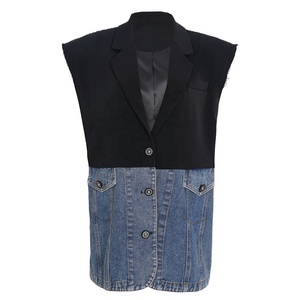 OUDINA Nouveaux Styles <span class=keywords><strong>Sans</strong></span> Manches Couleur Contrastée Épaulettes Coton Gilet Vestes Blazer Femmes Denim <span class=keywords><strong>Veste</strong></span> - Product Image 1