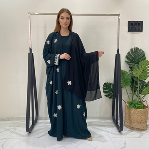 Offre Spéciale – Abaya Respirante Teal Perlée, Robe Longue Ample à Manches Longues Ornée de Fleurs en Cristal, pour Prière Quotidienne, Maxi pour Femmes Musulmanes - Product Image 1