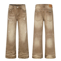 Celana Gaya High Street dengan Belahan Bergaya Retro dan Pola Cat Whisker, Dilengkapi Desain Ruffle Halus, Jeans Micro Flared