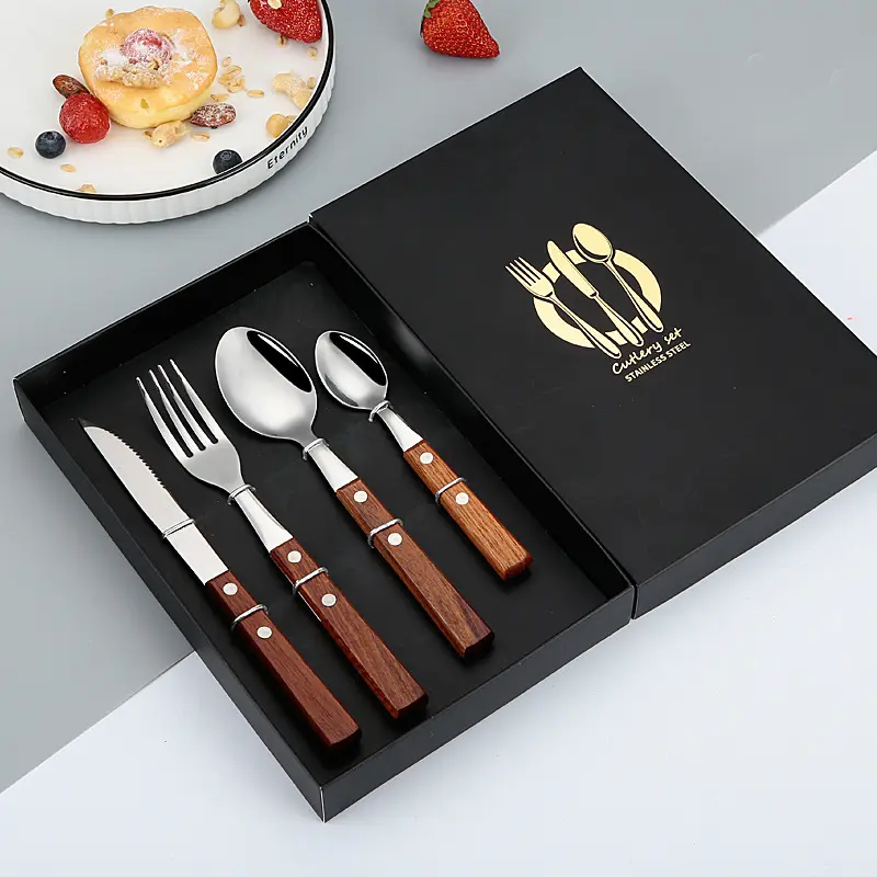 Most Popular Stainless Steel 4 pcs portable bag Knife Fork Spoon Mirror Polished Kitchen Flatware Set Wood Handle Cutlery