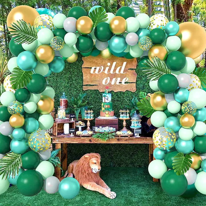 Воздушные шары оливково-зеленые джунгли в стиле сафари, шары из белого золота с конфетти, гирлянда из пальмовых листьев, набор для украшения вечеринки