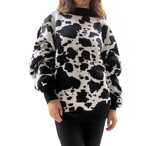도매 흑백 암소 풀오버 패턴 니트 스웨터 겨울 따뜻한 숙녀 지원 개인 사용자 정의