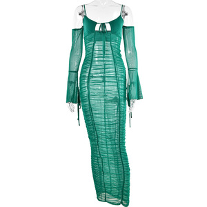 Summer Long Sleeve Spaghetti Strap Dress V-Neck <b>Tie</b> Waist See Through Backless Maxi Dress Black Solid Color <b>Polyester</b> - Product Image 5