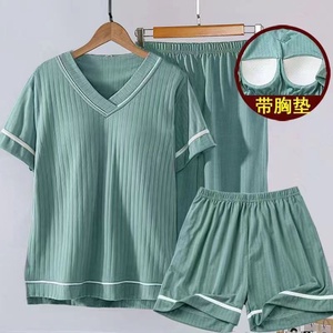 Women's Simple V-Neck <strong>Cropped</strong> Shorts <strong>Pyjamas</strong> with Breast Pad Elastic Waist Three-Piece Home Wear for Spring Summer - Product Image 5