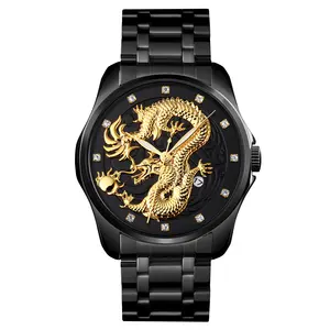 Montre à quartz Dragon à motif en relief 3D Skmei 9193 montre en acier inoxydable de luxe pour hommes en or