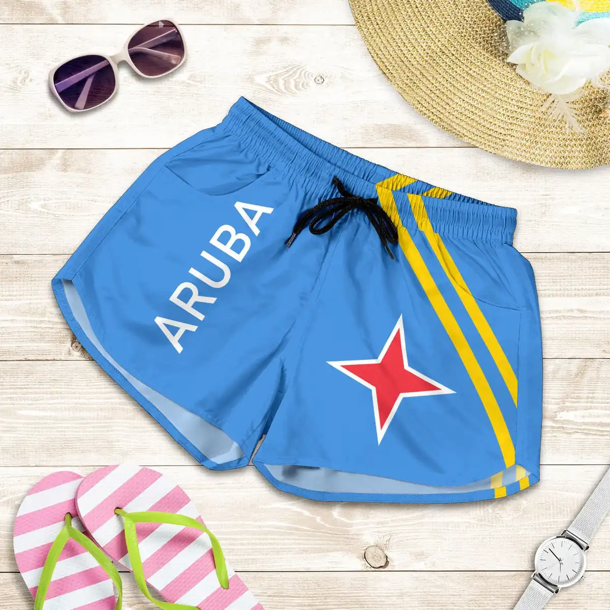Hot Sale Custom Aruba Flag Blue Short Pants For Women Cheap Price Summer Fashion Short Pant In Bulk Short Sport Casual Pants