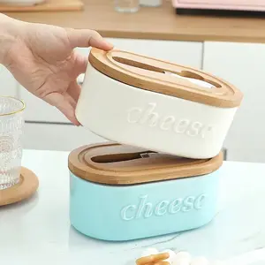 대나무 뚜껑이있는 북유럽 스타일 세라믹 버터 상자 치즈 접시 주방 식품 보관 트레이 접시 용기