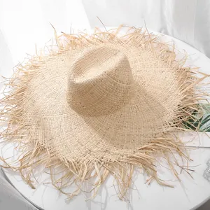 Sombrero de paja con borde deshilachado para mujer, sombrero de paja de gran tamaño para playa y verano, 2022