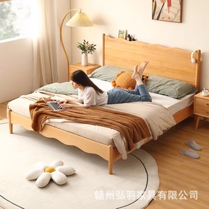 Cama de Madera Maciza Estilo Nórdico de Haya para <span class=keywords><strong>Dormitorio</strong></span> Principal, 1.8m, Estilo Japonés Grande, Color Crema, Estilo 1.5, Cama Doble Matrimonial Natural - Product Image 2