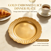 Assiette décorative en plastique PP avec revêtement en poudre dorée, bord festonné perlé, pour banquets, mariages, décorations de table de fêtes