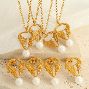 Women's Gold Heart Wing <b>Pearl</b> Necklace Earrings <b>Set</b> Everyday Wear - Product Image 1