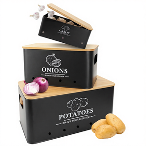 Ensemble de 3 boîtes de conservation de cuisine classiques noires avec couvercle métallique à trous d'aération pour la conservation de la fraîcheur des pommes de terre, des oignons et de l'ail - Product Image 4