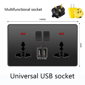 Interruptor de botón de luz negro UK 13A, toma de corriente de carga rápida inteligente universal Usb C 18W, interruptor de pared de toma de corriente eléctrica de 220V