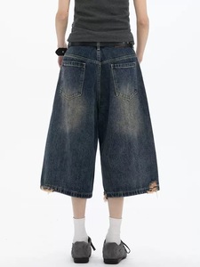 High Street déchiré sept huitièmes longueur Denim pantalon pour l'été nouvelle marque à la mode ample décontracté jambe droite Clean Fit pantalon - Product Image 4