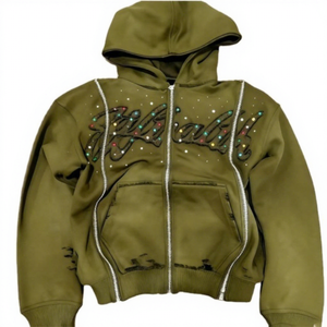 Sudadera con Capucha Personalizada con Bordado, 500 GSM, 100% Algodón, Felpa, Pedrería, Lavado Ácido, Cierre de Cremallera, Estilo Vintage para Hombre, Apliques, Ecológica y Transpirable - Product Image 1