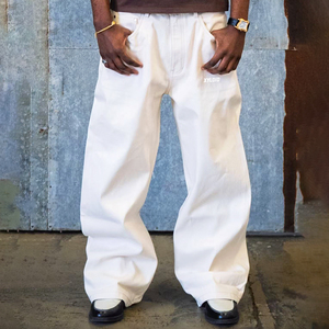 Pantalon en jean brut à ourlet brut, coupe ample, style streetwear, en denim rigide épais de 14-16 oz, blanc, jambe large, coupe baggy - Product Image 1