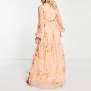 Maxi abito primavera da donna girocollo con <span class=keywords><strong>maniche</strong></span> <span class=keywords><strong>a</strong></span> <span class=keywords><strong>palloncino</strong></span> con spacco floreale in crêpe stile pesca - Product Image 4