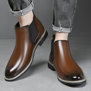 Bottes Chelsea pour hommes en cuir véritable, à bout rond, avec bande élastique, respirantes, tendance, décontractées - Product Image 2