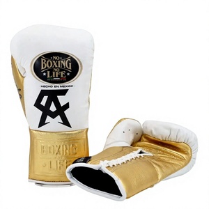 No Boxing No Life Guantes de Boxeo Profesionales Estilo Mexicano con Cordones, Cuero Metálico Blanco Dorado, Transpirables, Equipo de Entrenamiento de Boxeo para Adultos - Product Image 1
